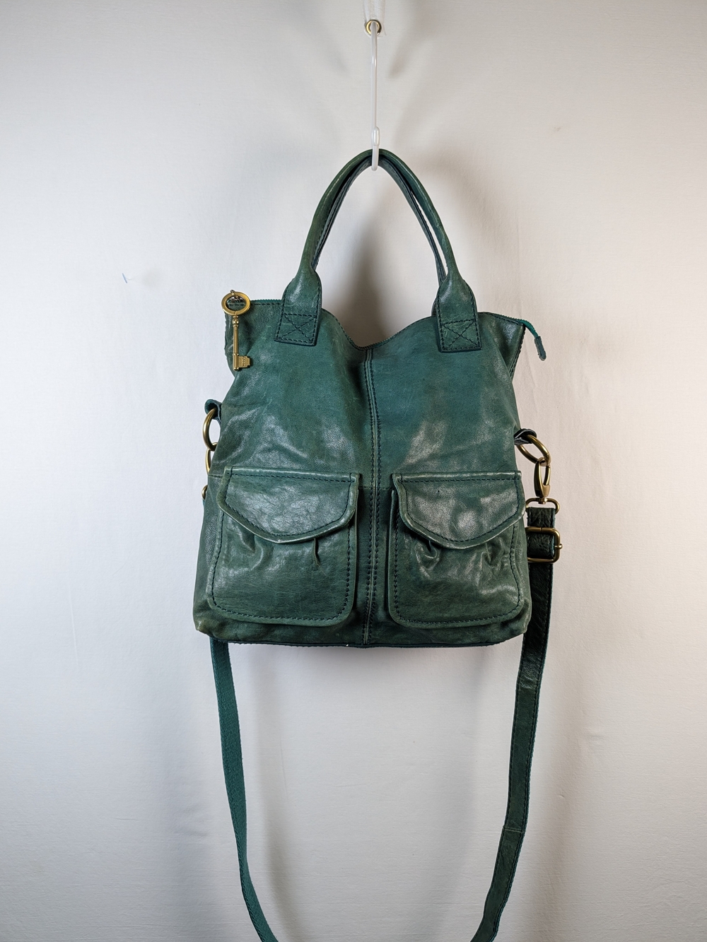 Fossil Long Live Vintage Green Satchel Top Handle Zip Adjustable Strap Key Charm